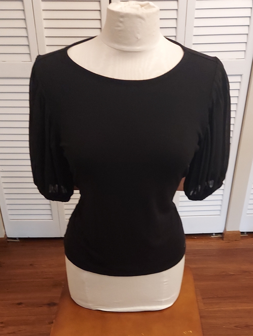 Tahari Sheer Black Puff Sleeve Top